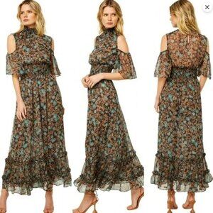 MISA Los Angeles Plum Cold Shoulder Chiffon Maxi Dress in the Goldleaf Floral